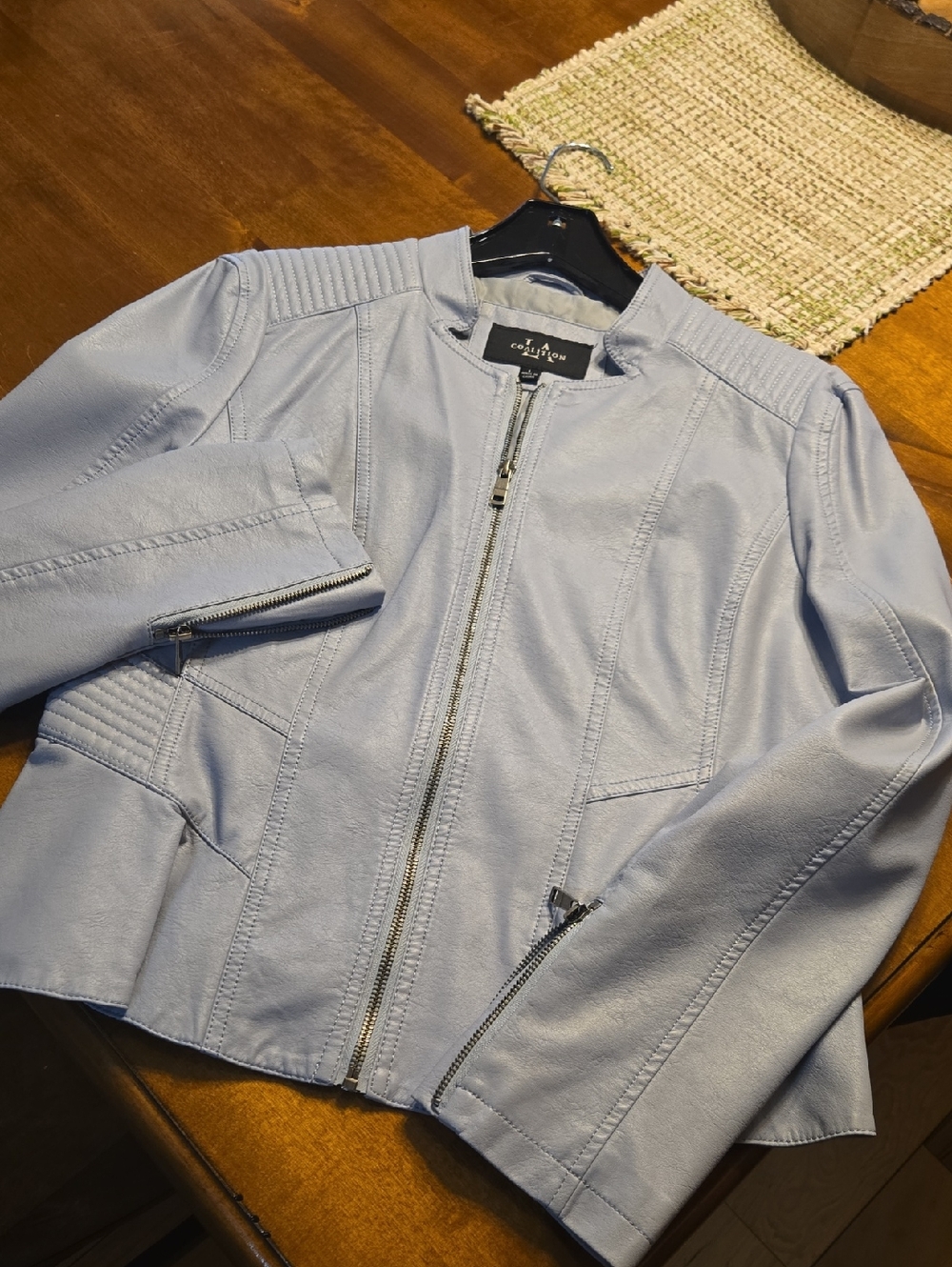 Women's Light Blue Faux Leather Zip-Front Jacket